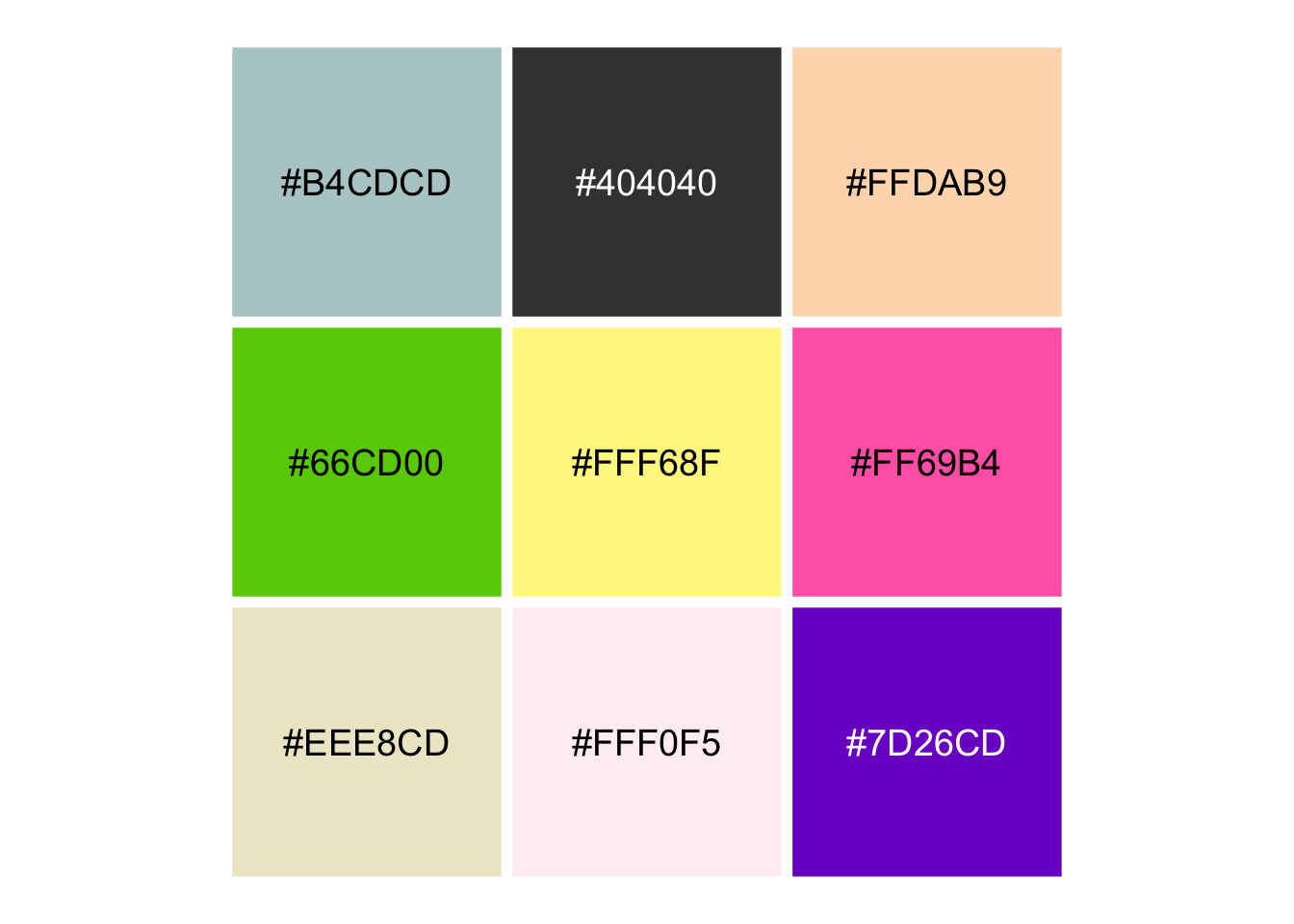 Color palette grid showing nine colored squares, each labeled with its hexadecimal color code, including #B4CDCD, #404040, #FFDAB9, #66CD00, #FFF68F, #FF69B4, #EEE8CD, #FFF0F5, and #7D26CD.