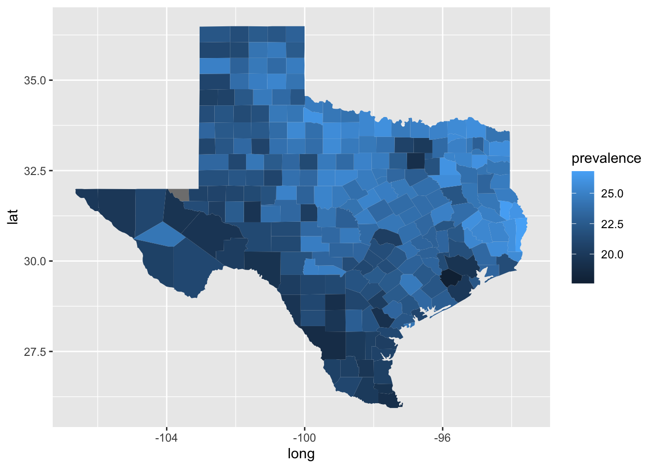 A map of Texas showing county-level depression prevalence estimates for 2023. Counties are shaded along a color gradient from a minimum observed prevalence around 18% to a max observed prevalence around 27%. Northeastern counties generally have higher depression prevalence.