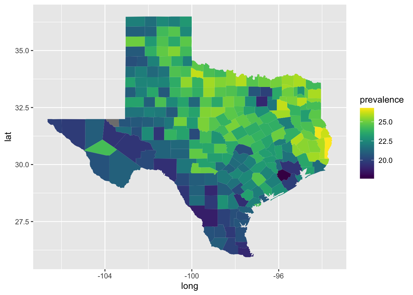 A map of Texas showing county-level depression prevalence estimates for 2023. Counties are shaded along a color gradient from a minimum observed prevalence around 18% to a max observed prevalence around 27%. Northeastern counties generally have higher depression prevalence.