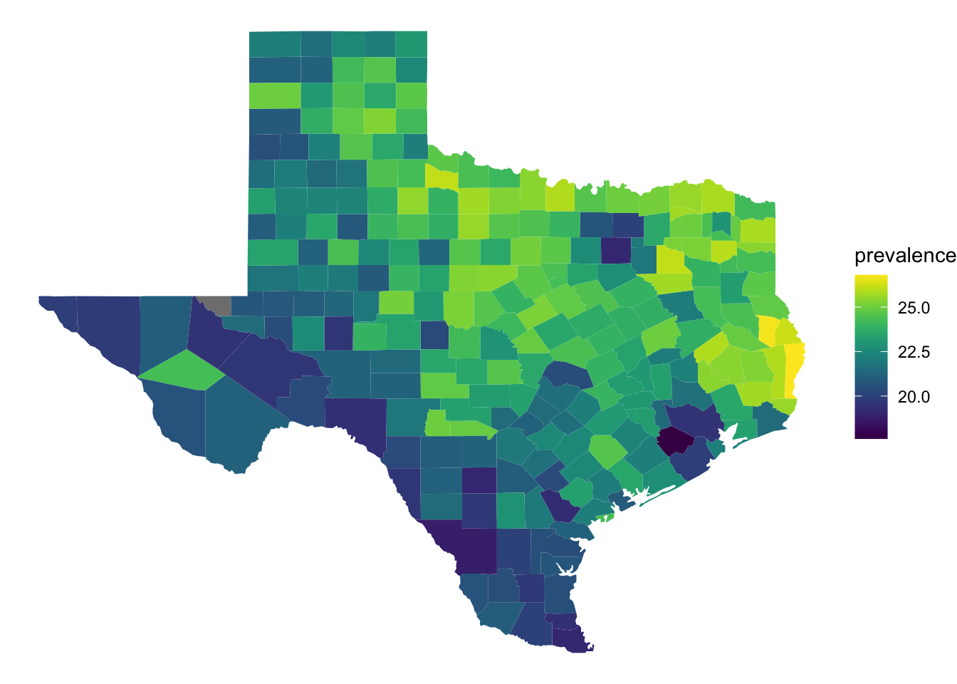 A map of Texas showing county-level depression prevalence estimates for 2023. Counties are shaded along a color gradient from a minimum observed prevalence around 18% to a max observed prevalence around 27%. Northeastern counties generally have higher depression prevalence.