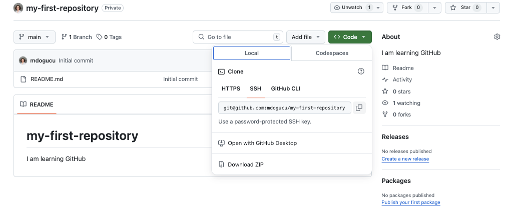 There is a button that says Code. Below it a tab called Local is chosen. Below it three tabs HTTPS SSH and GitHub CLI are shown with SSH selected. Below it there is a text that starts with git@github. To the right of the text there is a button with a copy icon.