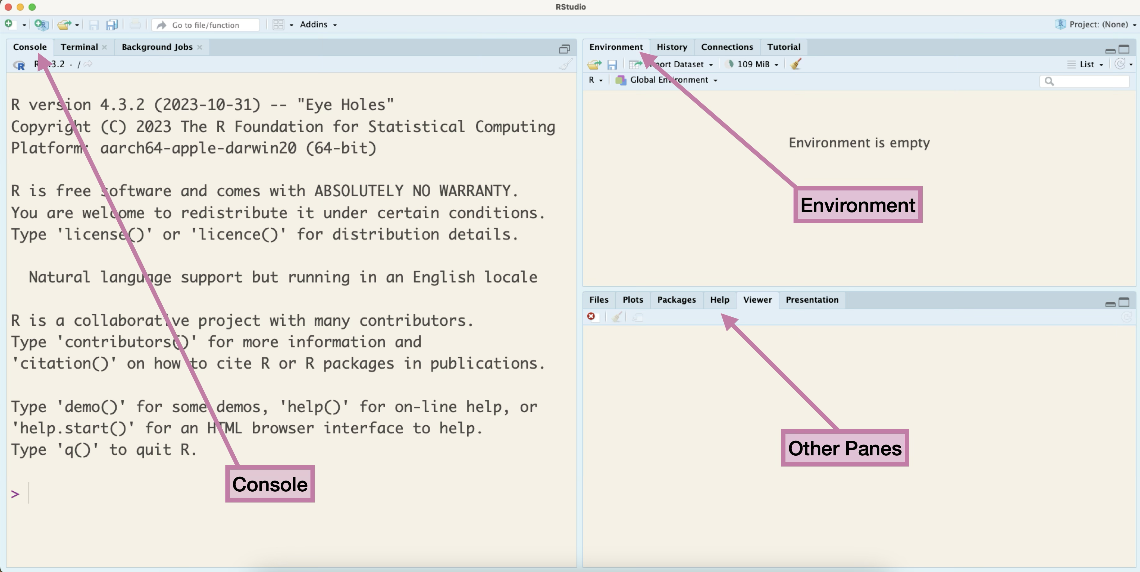 RStudio has a split screen with Console on the left and Environment on the upper right, and Other Panes on the lower right. In fact on the left there are multiple panes next to the tab of Console including Terminal and Background Jobs, in the upper right next to the Environment tab there is History, Connections, and Tutorial. These are not labeled in the image. The Other Panes label in the lower right direct to panes including Files, Plots, Help, Viewer, Presentation.
