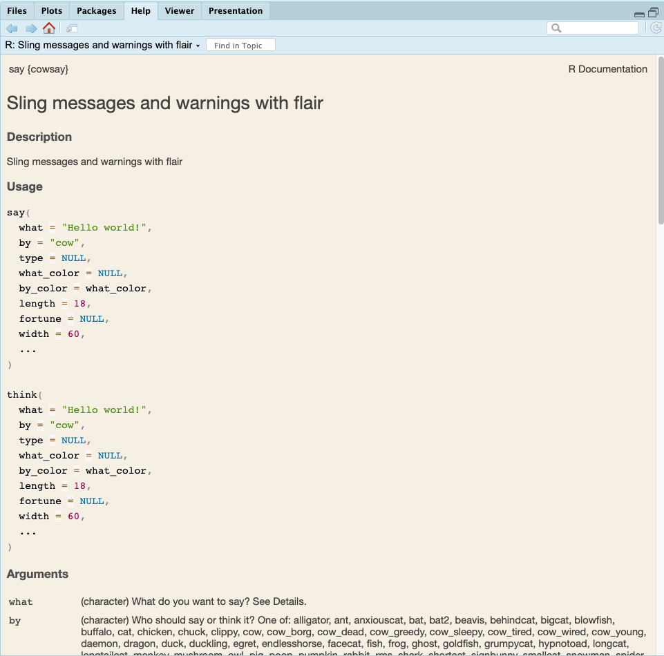 A screenshot of the Helper pane showing R Documentation for say{cowsay}. The documentation includes three main parts as Description Usage Argunents.