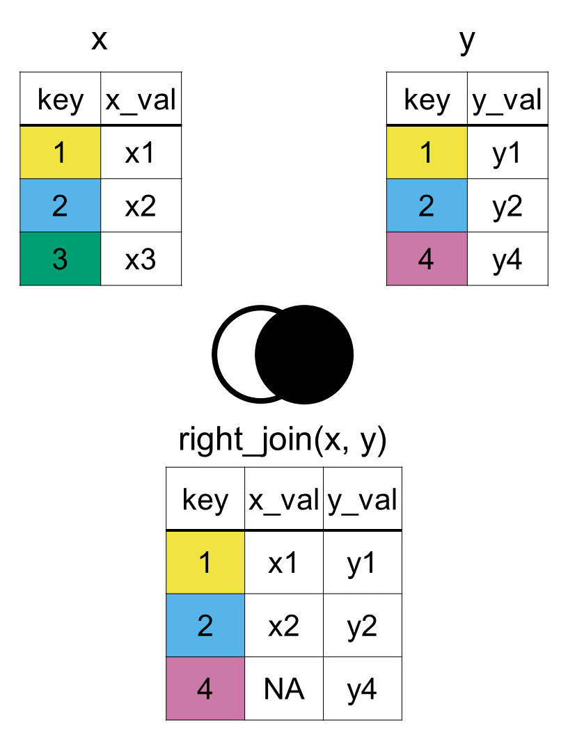 Two tables labeled x and y are shown. Table x has columns key and x_val with rows (1, x1), (2, x2), and (3, x3). Table y has columns key and y_val with rows (1, y1), (2, y2), and (4, y4). A Venn diagram highlighting the entire right circle representing y. The output table from a right_join(x,y) has columns key, x_val, and y_val with rows: (1, x1, y1), (2, x2, y2), and (4, NA, y4). This shows all rows from y with matching rows from x when possible.