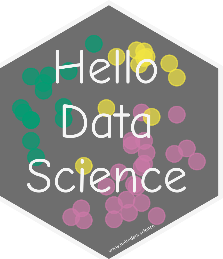 A hex logo that reads Hello Data Science with scatterplot-like points in the background colored into three clusters.